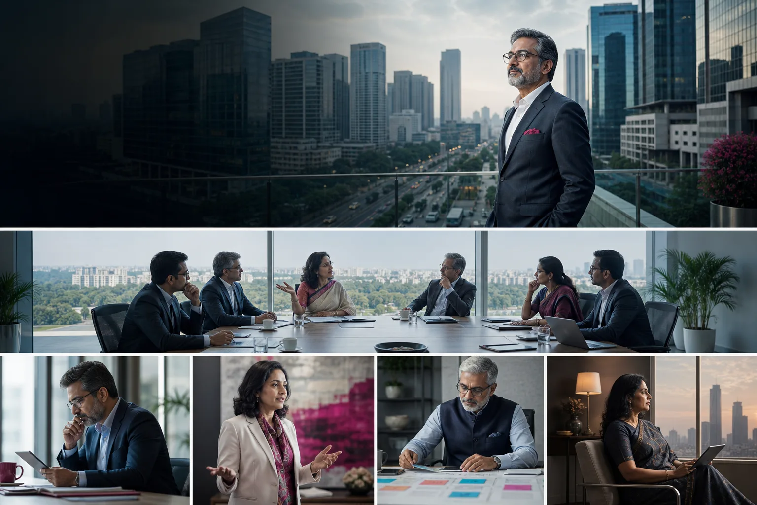 Indian executive looking across a contemporary city business district